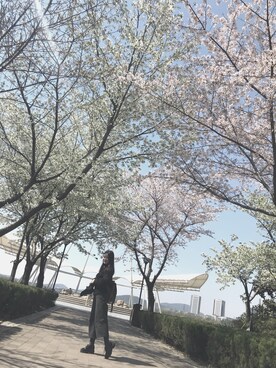 「淘宝のアイテム（チノパンツ、ブラック系）」を使った、ふみさん（レディース・158cm）の春コーディネート