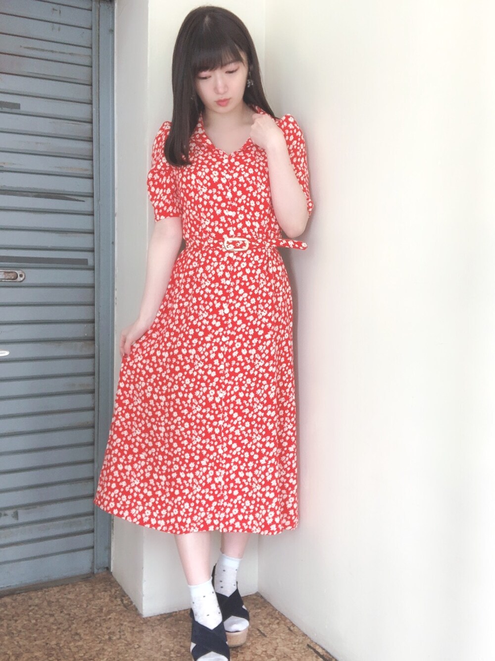 国内配送★ルージュ レトロ可愛 メッシュ ミディ 花柄ワンピース セール】2025春夏新作 小花柄パイピングワンピース（ワンピース