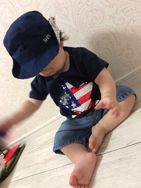 「アイテム（ハット、ブルー系）」を使った、りりかんぬさん（キッズ・80cm）の夏コーディネート