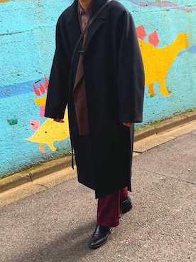 「soe（ソーイ）のアイテム（チェスターコート）」を使った、eijiさん（メンズ・178cm）の冬コーディネート