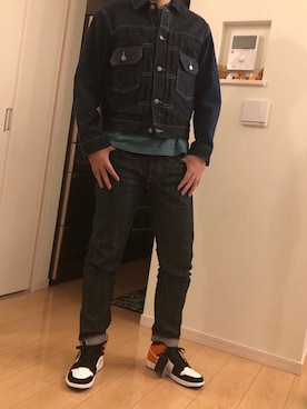 「エアジョーダン1」｜「アイテム（デニムジャケット）」を使った、Ericさん（メンズ・178cm）の秋コーディネート