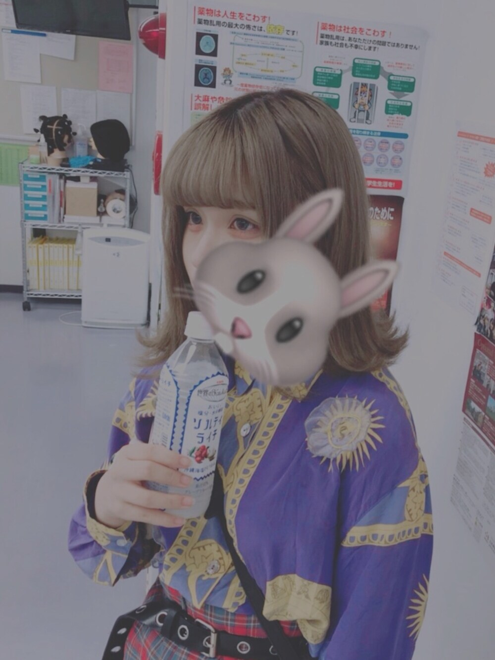 「柄シャツ、柄スカート、チェックスカート、チェック、古着、古着MIX、古着好きな人と繋がりたい」｜「kinjiのアイテム（シャツ/ブラウス、パープル系）」を使った、おもちさん（レディース・154cm）の夏コーディネートの1枚目の写真