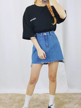 デニムスカート その他 を使った 韓国ファッション の人気ファッションコーディネート 髪型 ロングヘアー Wear