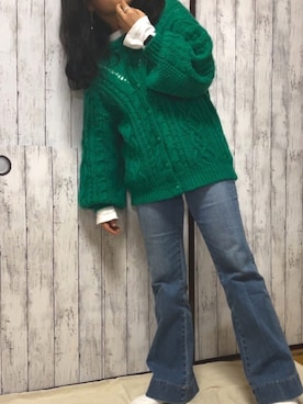 「緑ニット」｜Reona・＊さん（レディース・156cm）の冬コーディネート
