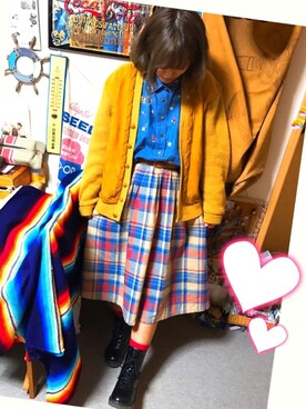 「usedのアイテム（カーディガン/ボレロ、イエロー系）」を使った、chaoriさん（レディース・159cm）の秋コーディネート