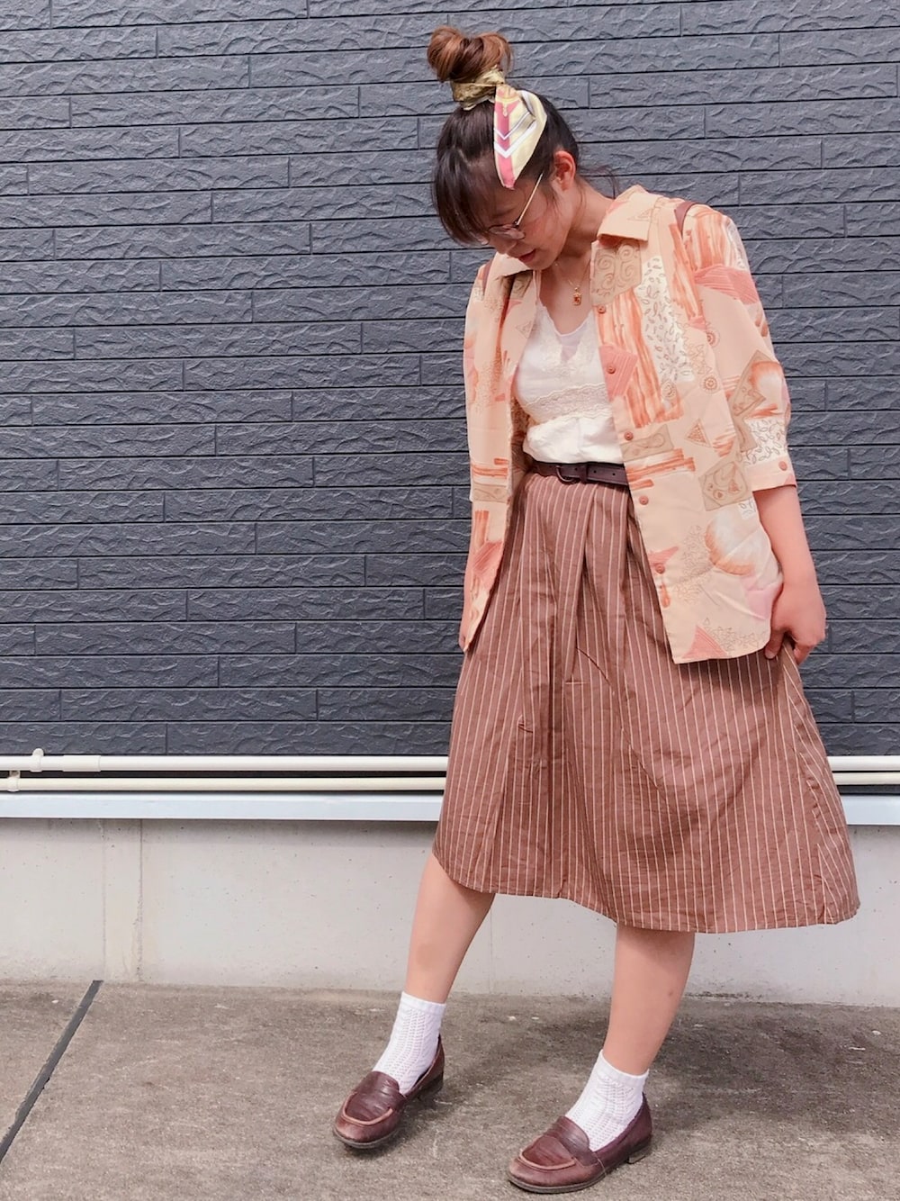 「夏セールで買いました、激安、激安コーデ、古着、古着コーデ、古着好き」｜「usedのアイテム（スカート、ブラウン系）」を使った、chaoriさん（レディース・159cm）の夏コーディネートの1枚目の写真