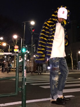 「WORLD WIDE FAMOUS（ワールドワイドフェイマス）の【別注】WORLD WIDE FAMOUS/ワールドワイドフェイマス /GUOOI　CAP（キャップ）」を使った、給前友貴さん（メンズ・171cm）の冬コーディネート