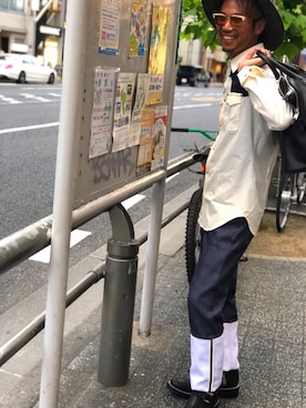 「ISAMU KATAYAMA BACKLASH（イサムカタヤマバックラッシュ）のアイテム（ハット）」を使った、給前友貴さん（メンズ・172cm）の夏コーディネート