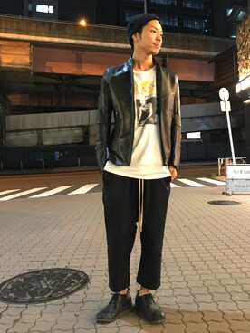 「ROYAL FLASH（ロイヤルフラッシュ）のアイテム（ライダースジャケット）」を使った、給前友貴さん（メンズ・172cm）の秋コーディネート