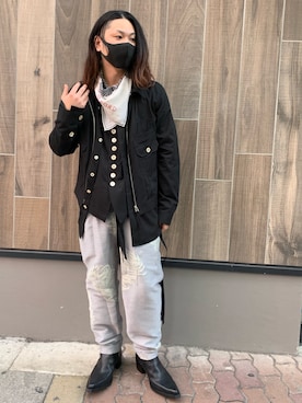 「JOHN LAWRENCE SULLIVAN（ジョンローレンスサリバン）のアイテム（ブーツ）」を使った、給前友貴さん（メンズ・170cm）の冬コーディネート