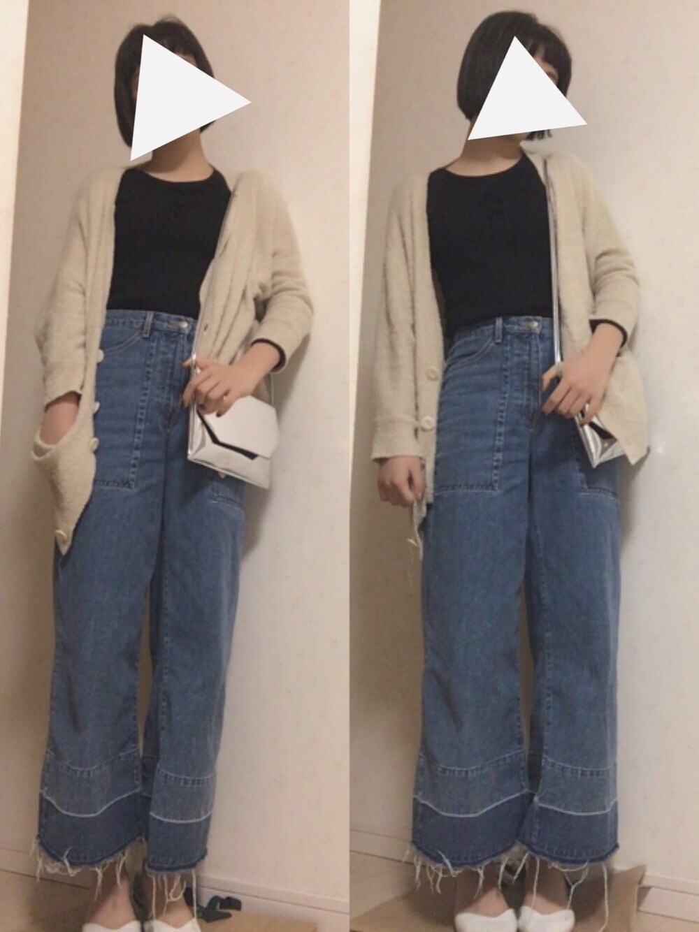 ベージュ系のカーディガン/ボレロ、ホワイト系のパンプスを着用したレディースの冬コーディネートの1枚目の写真