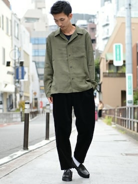 「CIAOPANIC（チャオパニック）のフィブリルオープンカラーシャツ（シャツ/ブラウス）」を使った、アキヤマコウスケさん（メンズ・180cm）の秋コーディネート