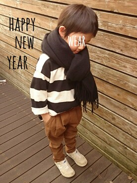 「韓国子供服のアイテム（Tシャツ/カットソー、その他）」を使った、OU.さん（キッズ・130cm）の冬コーディネート