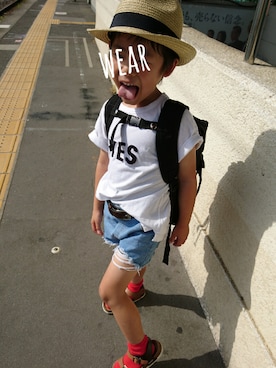 「GLOBAL WORK（グローバルワーク）のキッズ【吸水速乾】タタメルナカオレＨＡＴ/746777（ハット、ベージュ系）」を使った、OU.さん（キッズ・130cm）の夏コーディネート