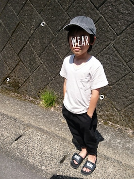 「韓国子供服のアイテム（Tシャツ/カットソー、ベージュ系）」を使った、OU.さん（キッズ・130cm）の夏コーディネート