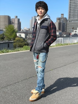 「YEALOWのアイテム（ジャケット/アウター、その他）」を使った、渡邉康輝さん（メンズ・179cm）の春コーディネート