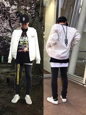 「off white（オフホワイト）のアイテム（ブルゾン）」を使った、ひろしさん（メンズ・166cm）の春コーディネート