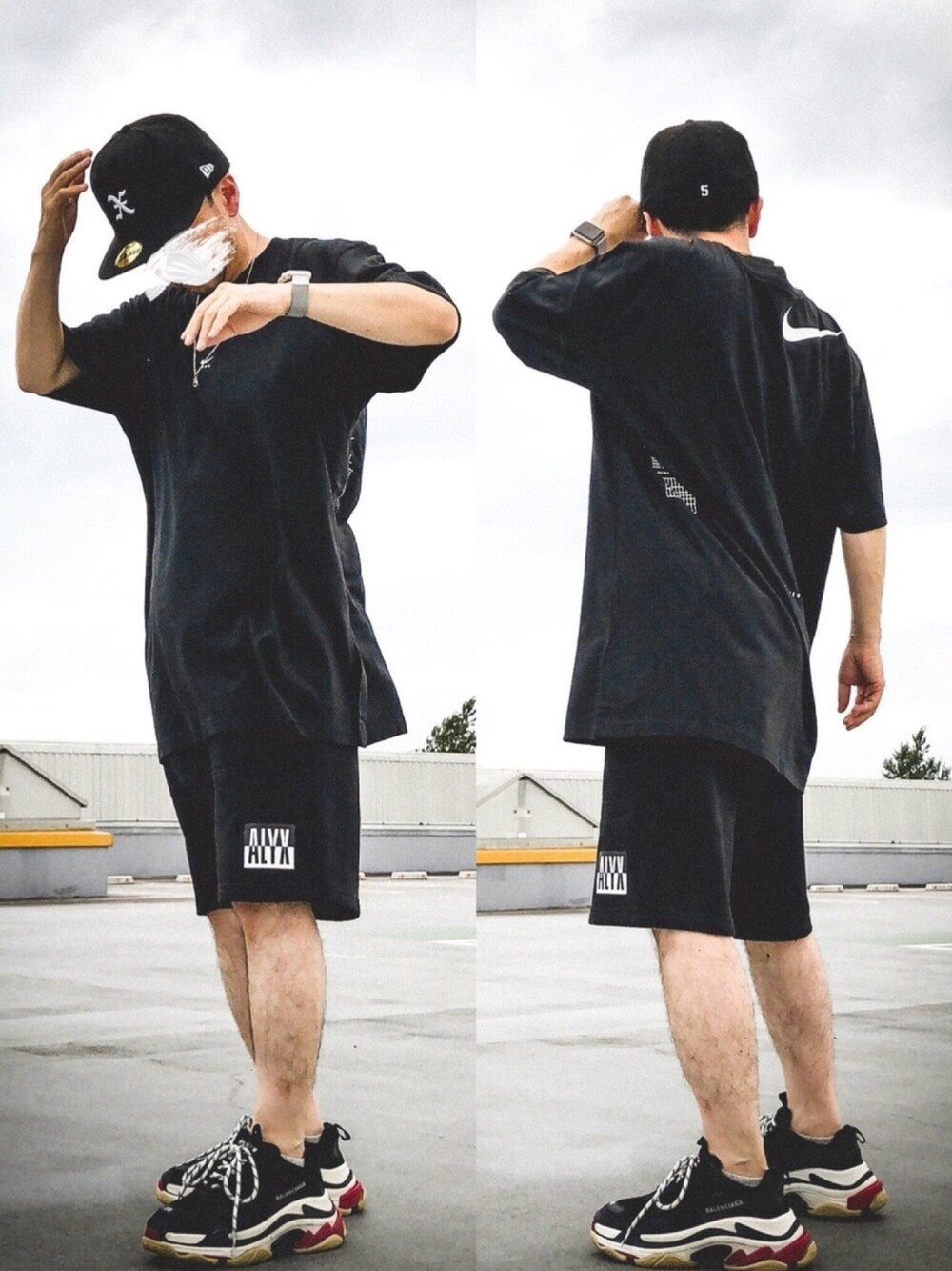 ブラック系のTシャツ/カットソー、ブラック系のその他パンツ、ブラック系のスニーカーを着用したメンズの夏コーディネートの1枚目の写真
