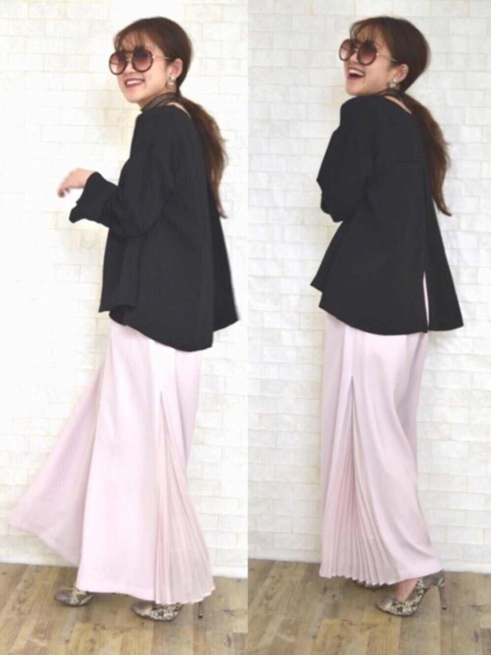 「シンプル、キレイめ、大人かわいい、ZOZOTOWN、おしゃれさんと繋がりたい、プリーツ、スリット、ウエストゴム、春コーデ、ピンク」｜「LHELBIEのバックスリットスキッパーシャツブラウス（シャツ/ブラウス、ブラック系）」を使った、tsurumayu☆さん（レディース・153cm）の冬コーディネートの1枚目の写真