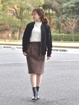 「刺繍」｜「アイテム（ライダースジャケット）」を使った、tsurumayu☆さん（レディース・153cm）の冬コーディネート