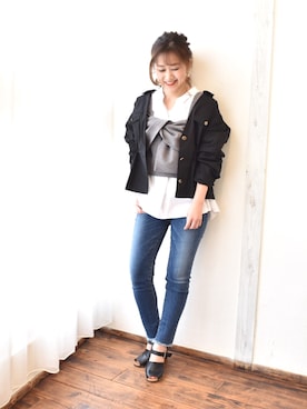 「アイテム（ミリタリージャケット）」を使った、tsurumayu☆さん（レディース・153cm）の春コーディネート