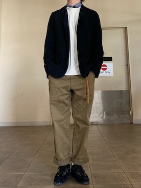 「unfil（アンフィル）のアイテム（ジャケット/アウター）」を使った、田邊敬一朗さん（メンズ・177cm）の春コーディネート