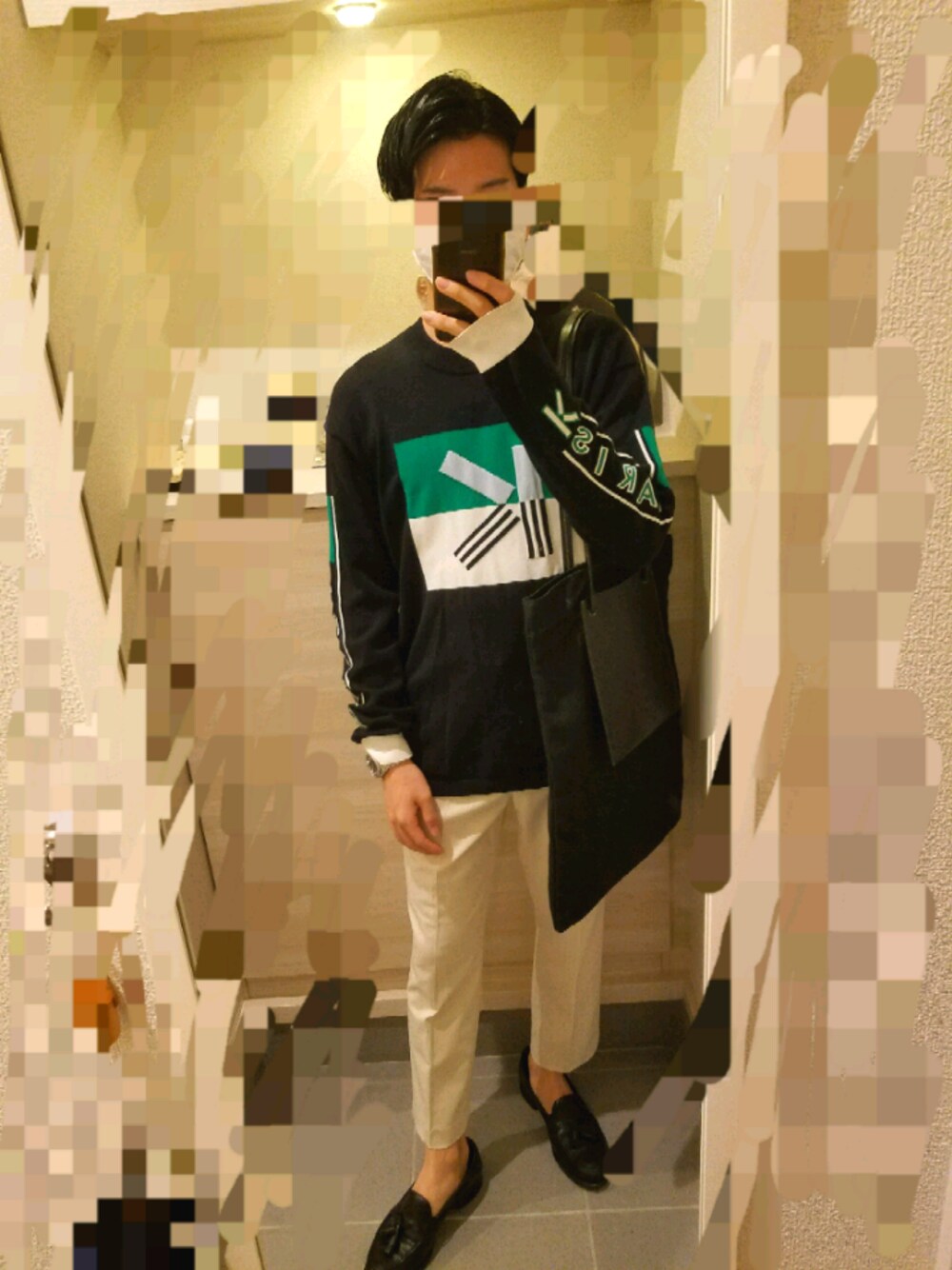 「キレイめ、秋のコーデ、ビッグシルエット、UNIQLO、KENZO、JILSANDER、ローファー、白パンツ、ニット、スラックス」｜「KENZOのアイテム（ニット/セーター、ブラック系）」を使った、Tさん（メンズ・167cm）の秋コーディネートの1枚目の写真