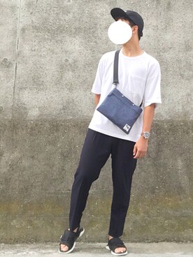 「GU（ジーユー）の（GU）コットンリネンスリムフィットトラウザー（MEN ⁄ チノ・イージーパンツ・デザインパンツ）」を使った、くろむ:crさん（メンズ・180cm）の夏コーディネート