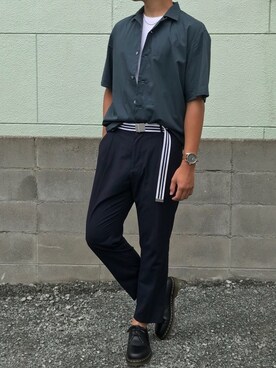 「GU（ジーユー）の（GU）コットンリネンスリムフィットトラウザー（MEN ⁄ チノ・イージーパンツ・デザインパンツ）」を使った、くろむ:crさん（メンズ・180cm）の夏コーディネート