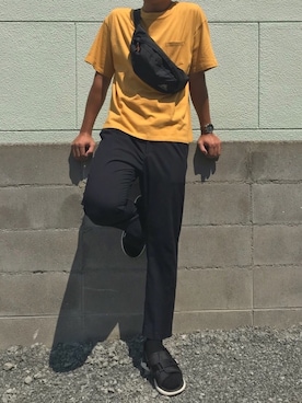 「GU（ジーユー）の（GU）コットンリネンスリムフィットトラウザー（MEN ⁄ チノ・イージーパンツ・デザインパンツ）」を使った、くろむ:crさん（メンズ・180cm）の夏コーディネート