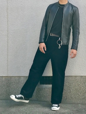「ジャックパーセル」｜「アイテム（ライダースジャケット）」を使った、くろむ:crさん（メンズ・180cm）の秋コーディネート