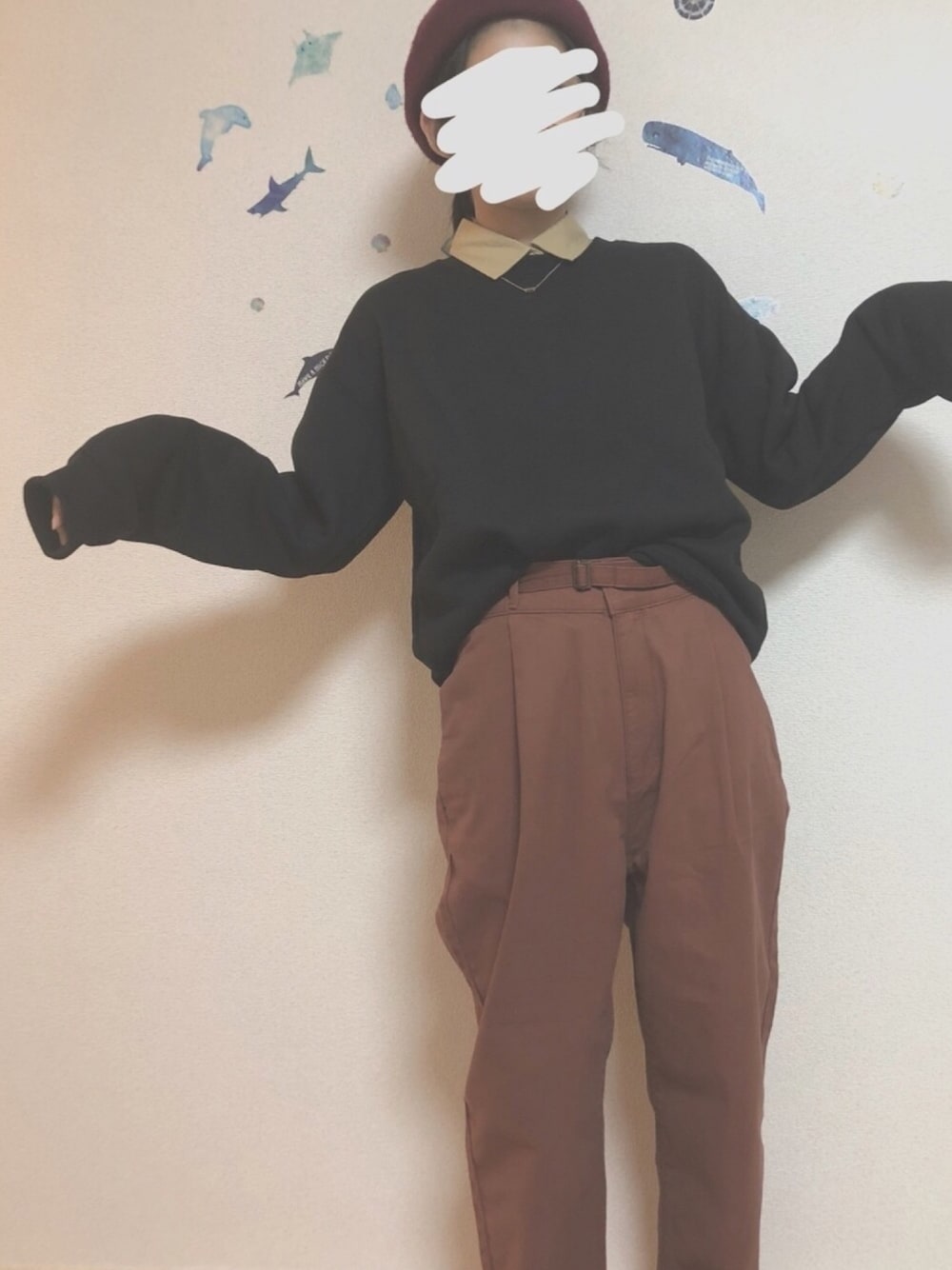 「秋のブラウンスタイル、秋服、大人カジュアル、プチプラ、秋色、ラブアンドピース2018、GU、H&M、earth、スピンズ」｜「SPINNSのフェルトベレー帽（ハンチング/ベレー帽、レッド系）」を使った、やドんさん（レディース・159cm）の秋コーディネートの1枚目の写真