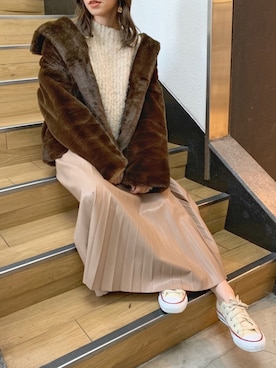 「アイテム（その他アウター、ブラウン系）」を使った、mikiさん（レディース・153cm）の冬コーディネート