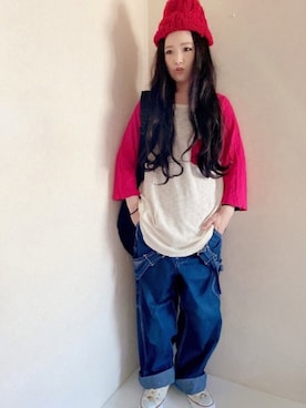 「赤ニット帽」｜ぺさん（レディース・153cm）の春コーディネート