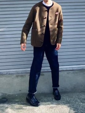 「HARUTA」｜「アイテム（ノーカラージャケット）」を使った、Rさん（メンズ・173cm）の冬コーディネート