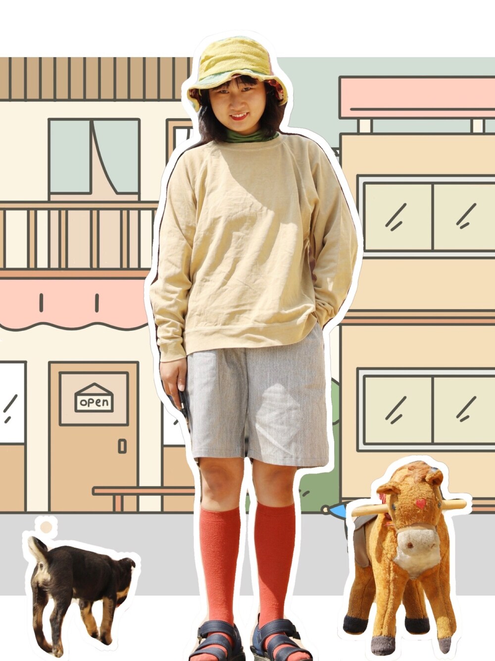 「可爱、日系极简」｜「my lovely dogのアイテム（ファッション雑貨、ブラック系）」を使った、三叔是护林员さん（レディース・160cm）の春コーディネートの1枚目の写真