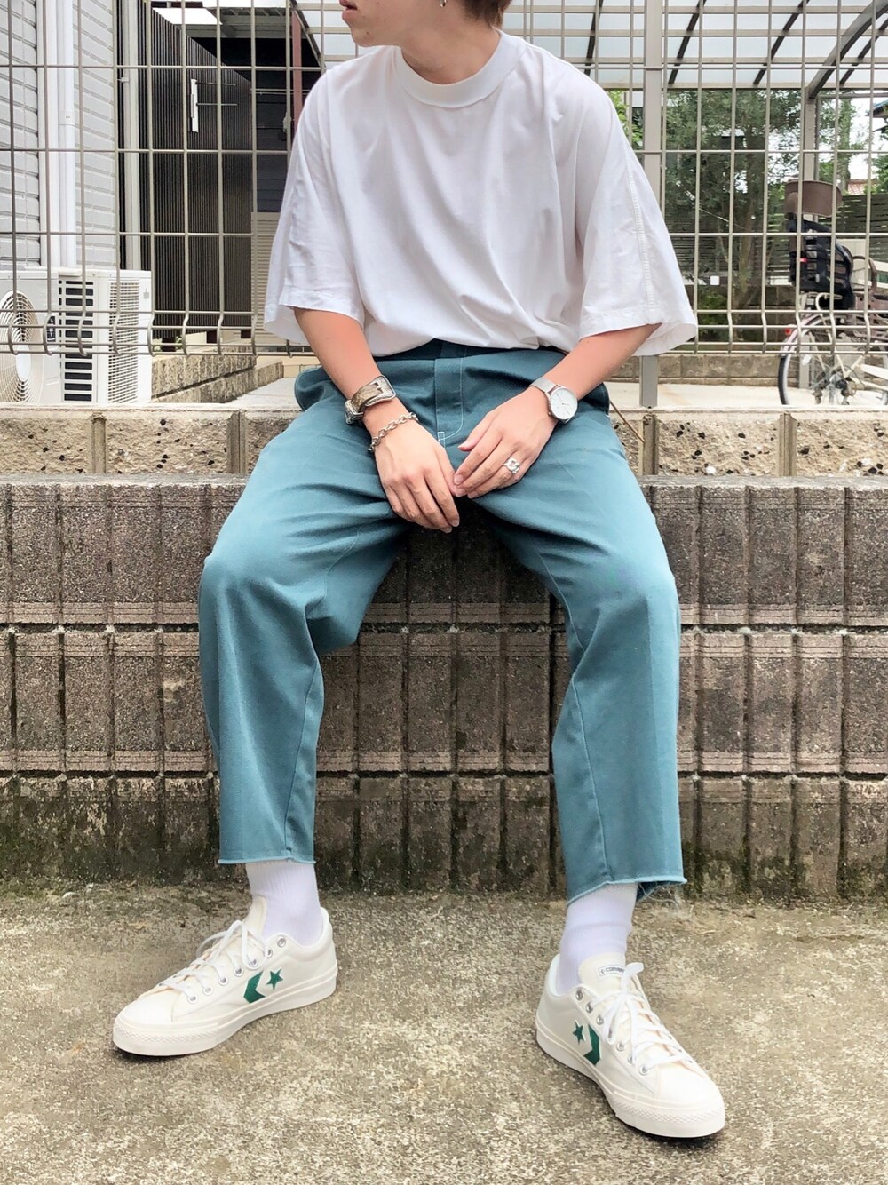 「夏、オーバーサイズ、きれいめカジュアル、Tシャツ、ビッグT、相互フォロー、いいね、save、フォローお願いします🤑、u170、shiyoh、ニコアンド」｜「Dickiesの【Dickies(ディッキーズ)】別注ワイドパンツ（その他パンツ、グリーン系）」を使った、k.s.k「U170」さん（メンズ・169cm）の夏コーディネートの1枚目の写真