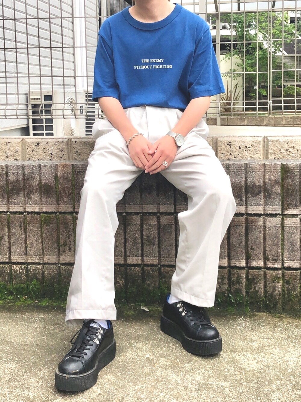 「夏コーデ、いいね、save、フォローお願いします🤑、スニーカーコーデ、キレイめ、タックイン、u170、GU、大学生、プチプラ」｜「GUのアイテム（トップス、ブルー系）」を使った、k.s.k「U170」さん（メンズ・170cm）の夏コーディネートの1枚目の写真