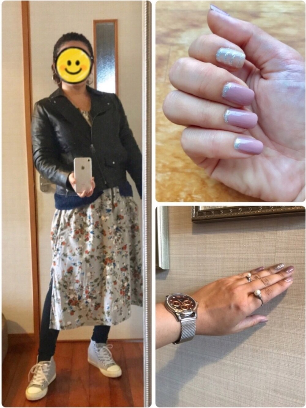 グレー系のワンピース、グレー系のスニーカー、ピンク系のハンドケア/ハンドクリームを着用したレディースの冬コーディネートの1枚目の写真
