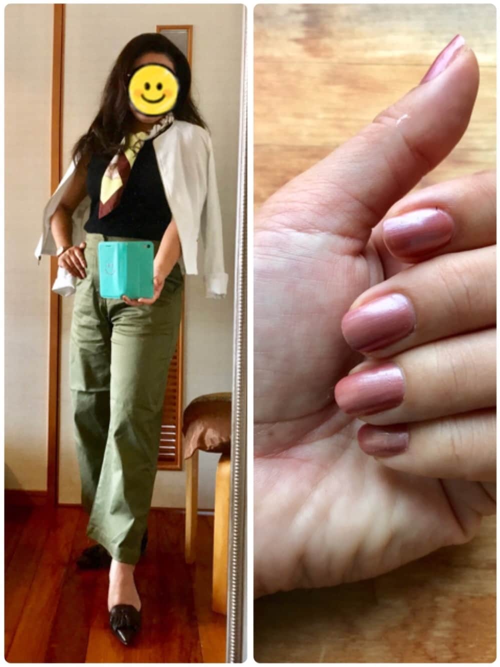 グリーン系のチノパンツ、ブラウン系のパンプス、ホワイト系のノーカラージャケットを着用したレディースの春コーディネートの1枚目の写真