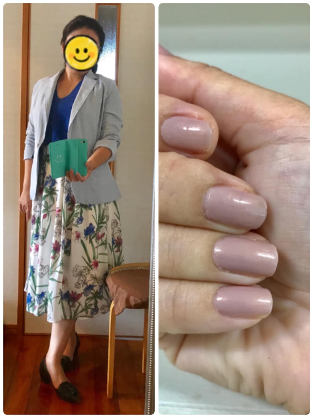 ホワイト系のスカート、ブラック系のパンプス、ブルー系のテーラードジャケットを着用したレディースの夏コーディネートの1枚目の写真