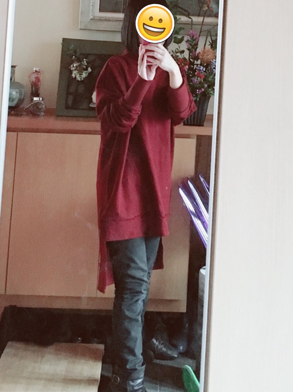 「KMRiiのアイテム（その他トップス、レッド系）」を使った、yuzuazuさん（レディース・155cm）の秋コーディネートの1枚目の写真