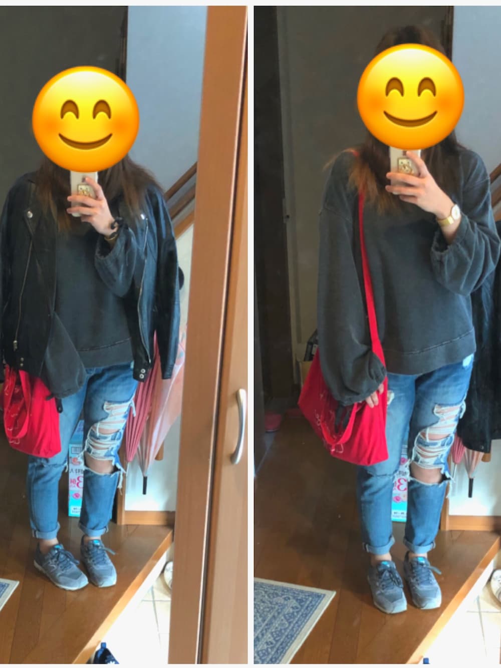 「American EagleのAEOシティグラフィックトートバッグ（トートバッグ、レッド系）」を使った、Saeさん（レディース・155cm）の秋コーディネートの1枚目の写真