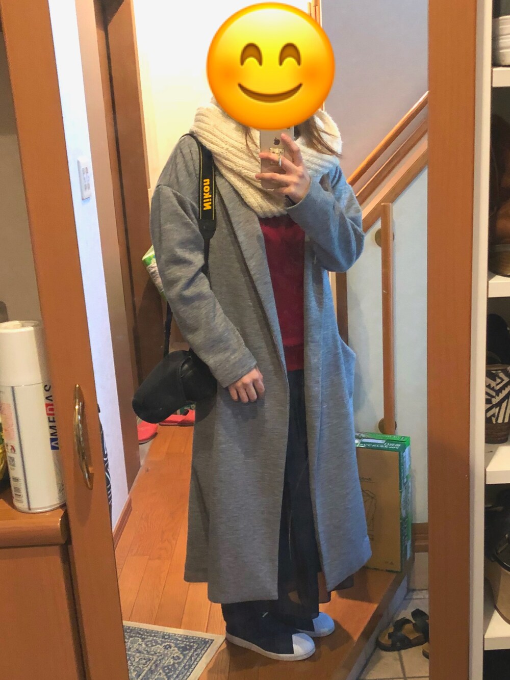 「GUの（GU）ロングチェスターコート（ジャケット/アウター、グレー系）」を使った、Saeさん（レディース・155cm）の秋コーディネートの1枚目の写真
