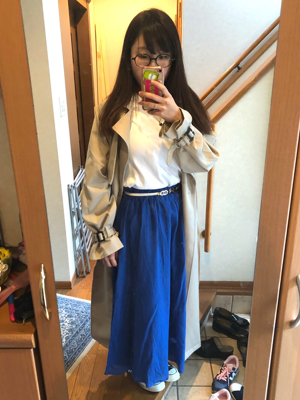 「titivateのﾊﾞｯｸﾌﾟﾘｰﾂﾄﾚﾝﾁｺｰﾄ（トレンチコート、ベージュ系）」を使った、Saeさん（レディース・155cm）の春コーディネートの1枚目の写真