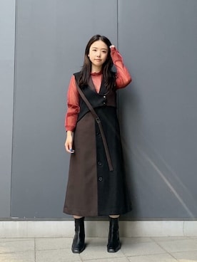 「UNITED TOKYO（ユナイテッドトウキョウ）のシアーラメニット（ニット/セーター、レッド系）」を使った、ykyh729さん（レディース・156cm）の秋コーディネート