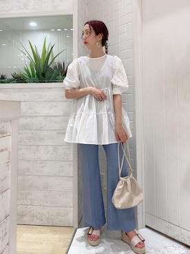 「Heather（ヘザー）のティアードチュニックブラウス　885432（シャツ/ブラウス）」を使った、narumiさん（レディース・163cm）の夏コーディネート