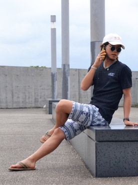 「MCD（エムシーディー）のアイテム（帽子）」を使った、じゃっくばうあーさん（メンズ・173cm）の夏コーディネート