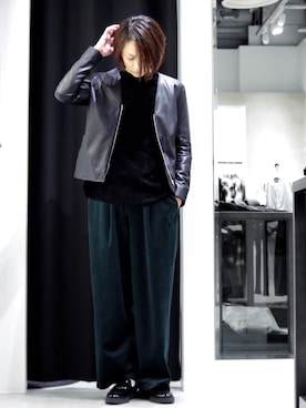 「ベロア」｜「アイテム（ライダースジャケット）」を使った、アライ@youtubeさん（メンズ・176cm）の冬コーディネート