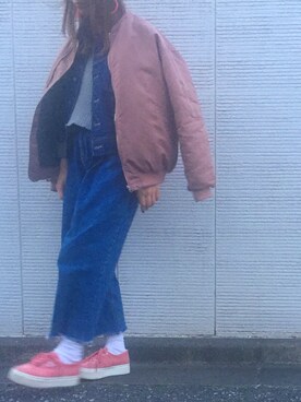 「indi brandのアイテム（その他アウター、ピンク系）」を使った、s/a/w/aさん（レディース・159cm）の冬コーディネート